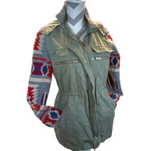 Thread & Supply Green Knit Aztec Southwestern Sleeve Utility Hooded Jacket Small